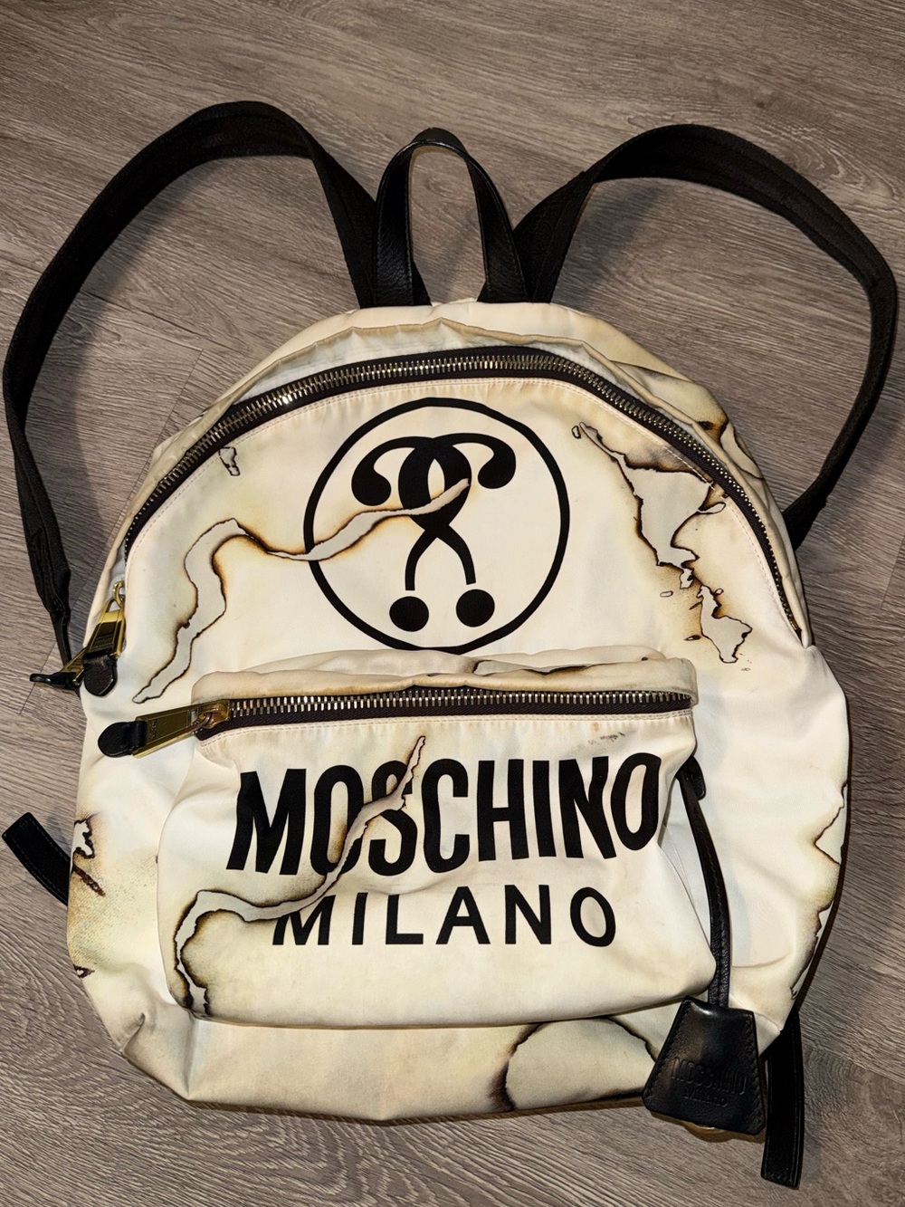Moschino Cream and Black Logo Backpack
